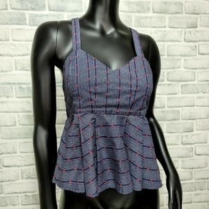 1.State S Cross Back Peplum Tank Top Sleeveless Blouse Navy Blue Red Pattern